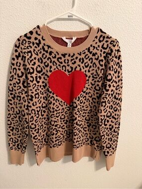 Time and Tru Leopard Crew Sweater with Red Heart